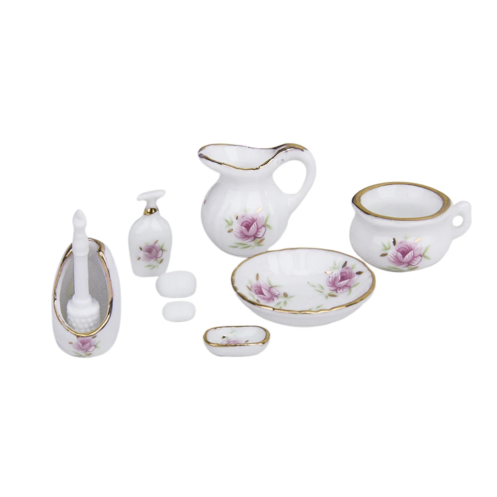 8 peças 1/12 casa de bonecas em miniatura acessório de banheiro produtos de higiene pessoal rosa floral cerâmica