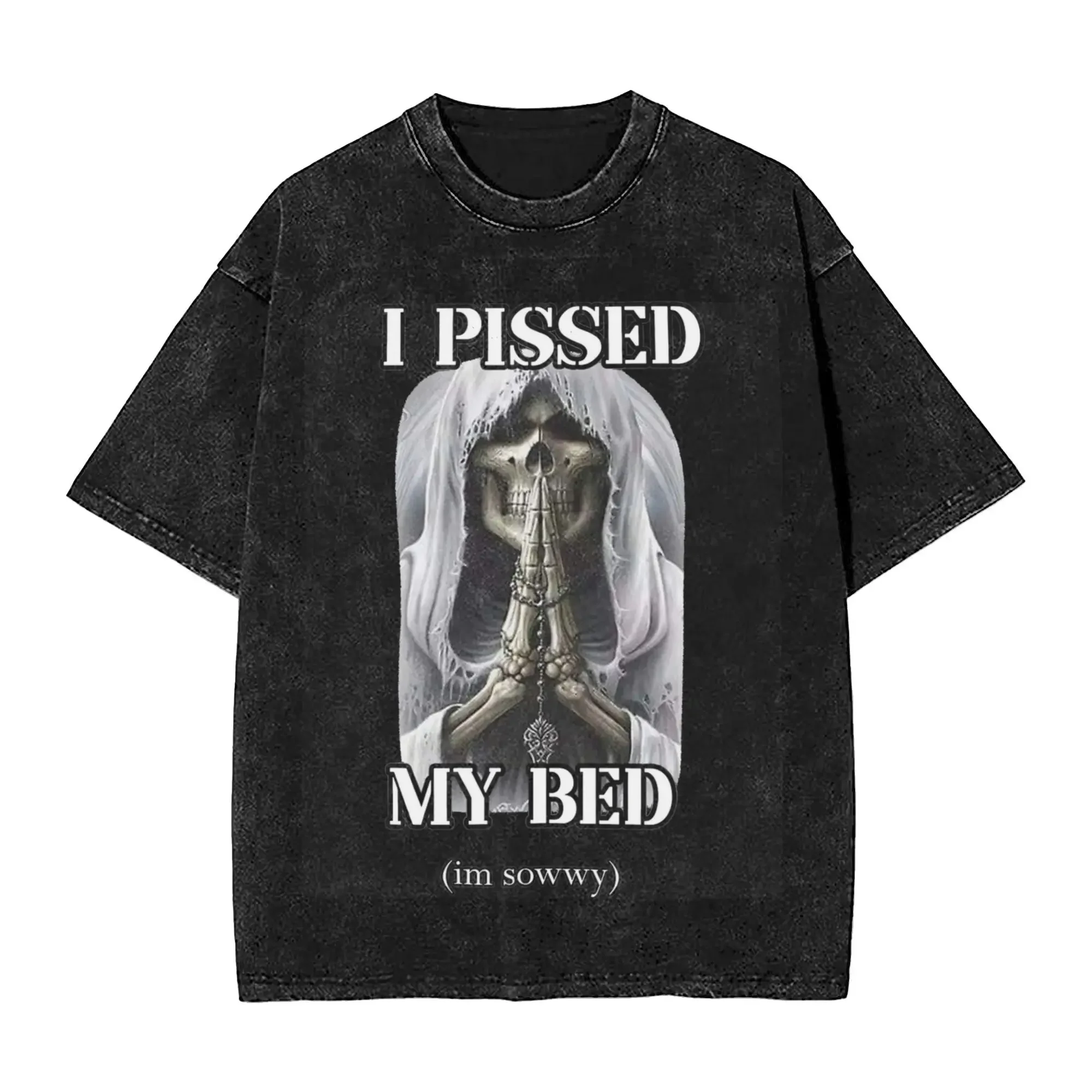 Men Women Vintage Washed T-shirts I Pissed My Bed Badass Skeleton Printed T Shirt Apparel Street Skeletons Skull Meme Tee Shirts