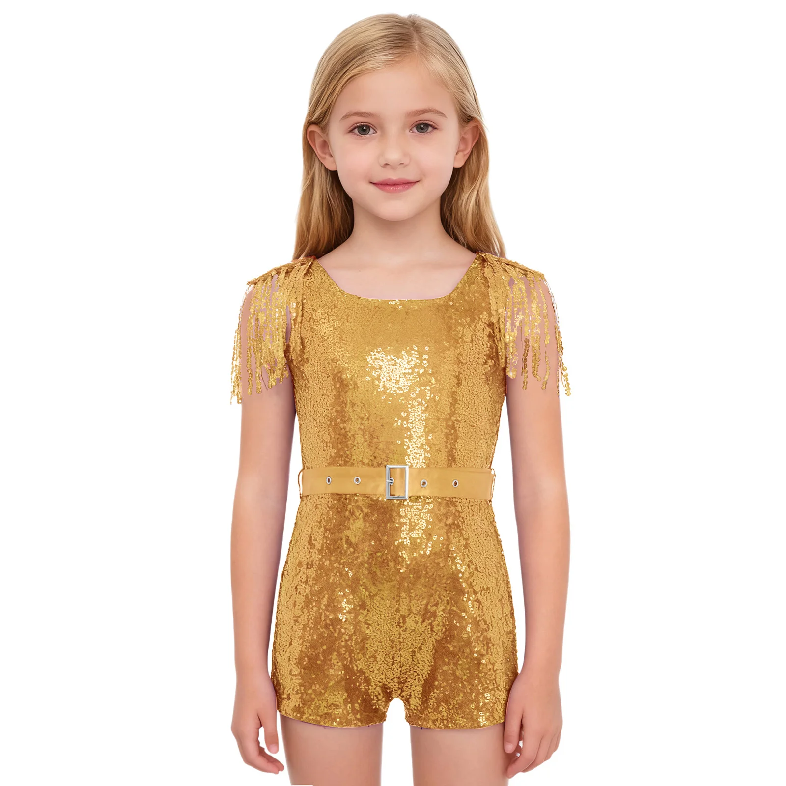 

Kids Girls Sequins Tassels Jazz Latin Dance Jumpsuit Shiny Sleeveless Shorts Jumpsuit with Waistbelt for Birthday Wedding Outfit