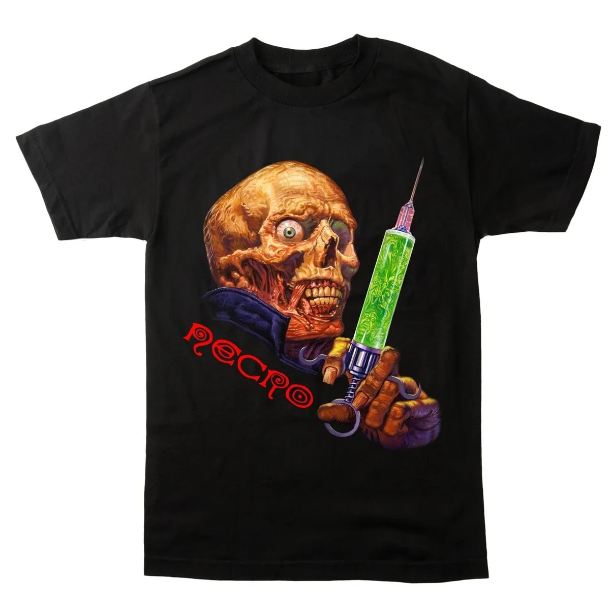 Necro T‑Shirt, Features Hell Monster Holding Bloody Blades Above Victim Pile Graphic, Gory Dark Art for Underground Hip Hop