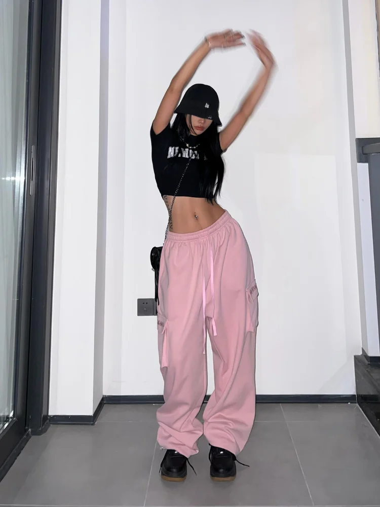 Egirl-pantalones de chándal de pierna ancha para mujer, pantalones de paracaídas Cargo de gran tamaño, estilo Vintage años 90, Y2K, rosa, Hip Hop,