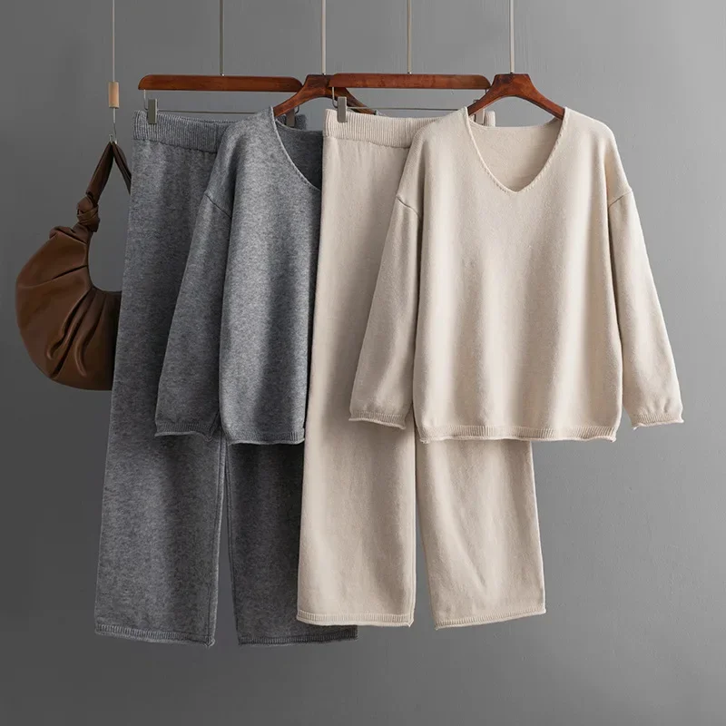 Elegant Solid Color Pants Suit 2024 New Fashion Autumn Winter Loose High Waist Warm Casual V-neck Sweater Women Two-piece Set