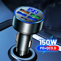 150W PD 5 in 1 QC3.0 Car Charger 12-24V Phone Adapter Digital display Type C Fast Charging For iphone Samsung Huawei Xiaomi