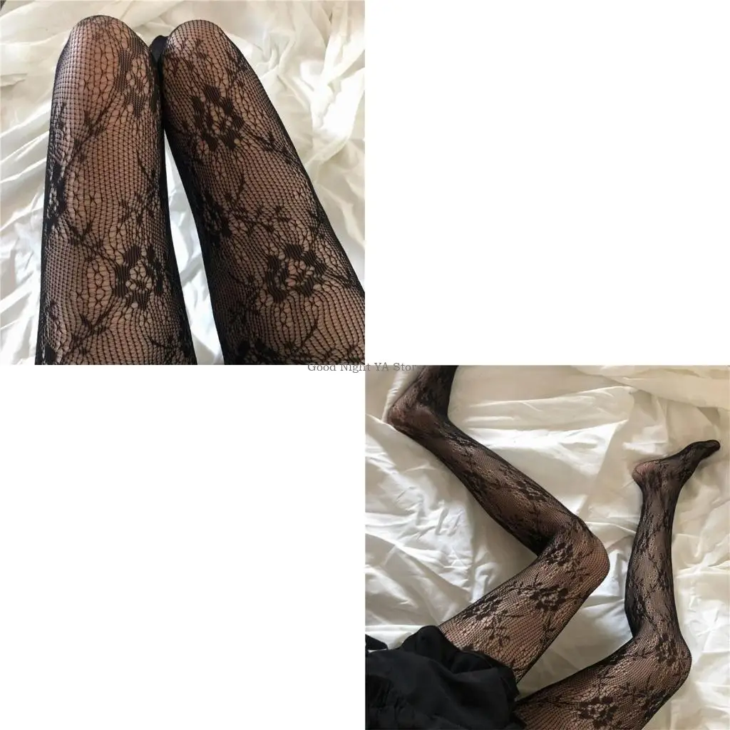 

Japanese Gothic Pantyhose Floral Pattern Black White Retro Mesh Tights Bottoming Stockings Lingerie for Women