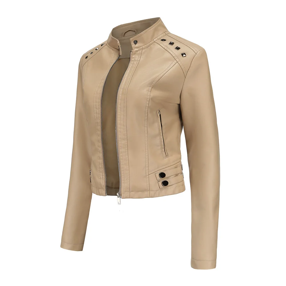 Women's Rivet PU zipper Leather Coat, Black Motorcycle Jacket, Standing Collar, Korean Punk Rock Fashion, Autumn and Winter