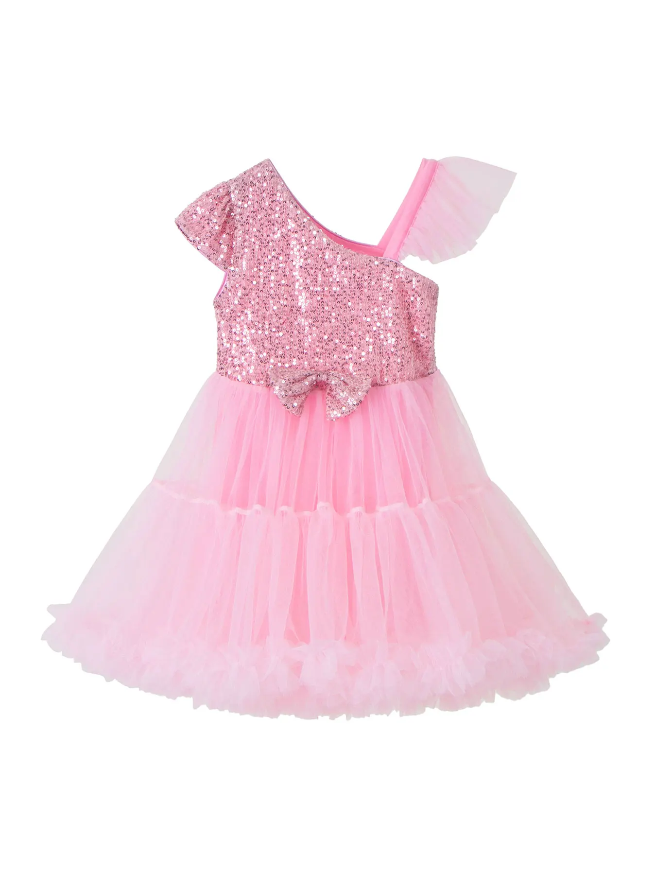 Pink Girls' Dress with Flutter Sleeves and Sequins, Sequined Bow Decoration on the Upper Body, Multi-Layered Tulle Skirt, Comfortable and Soft, Not Stuffy, Suitable for Outings, Family Gatherings, Holiday Parties, Christmas Dresses, Princess Dresses