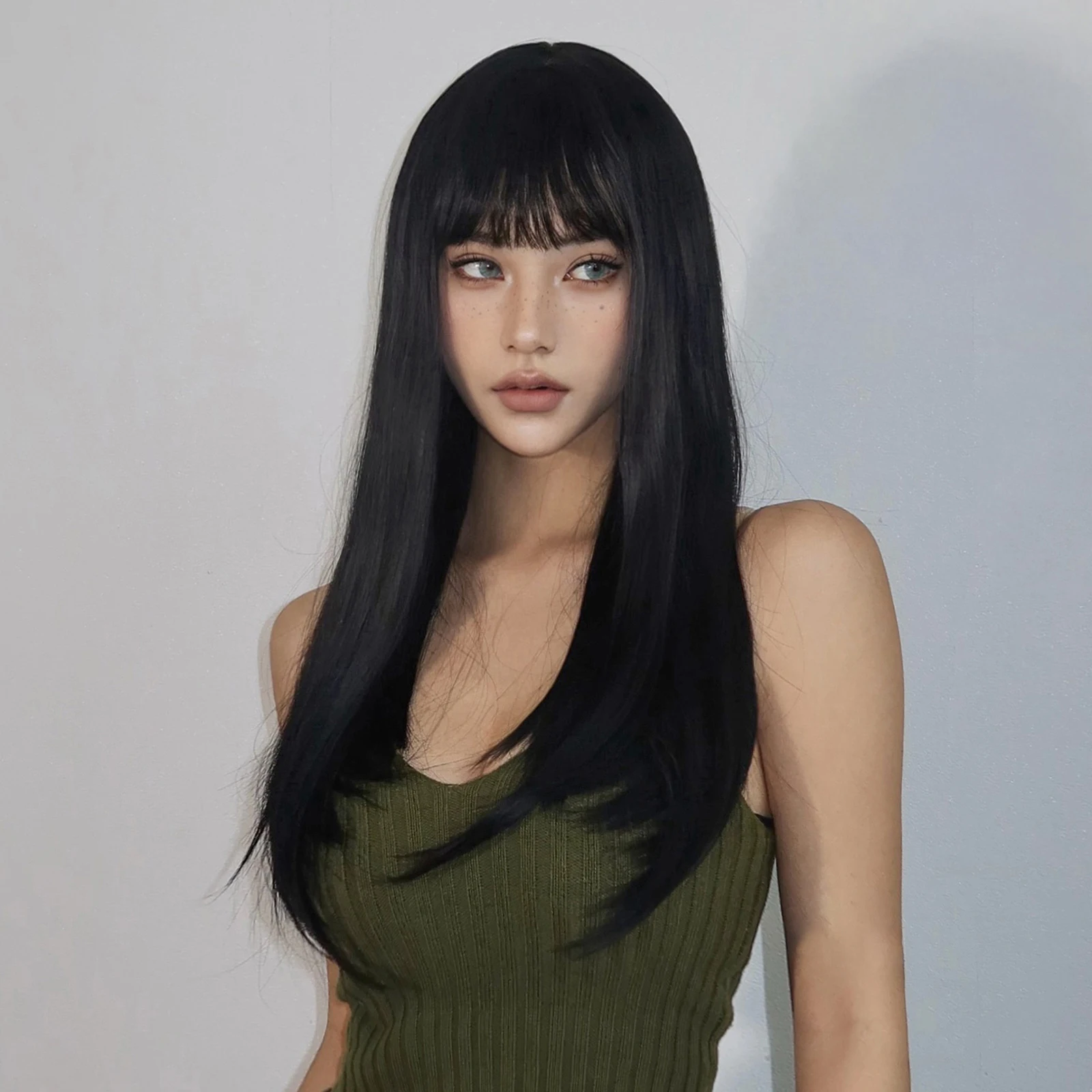 Black Long Straight Synthetic Wig with Fluffy Bangs for Women Cosplay Party Daily Use Wigs Natural Fake Hair Heat Resistant