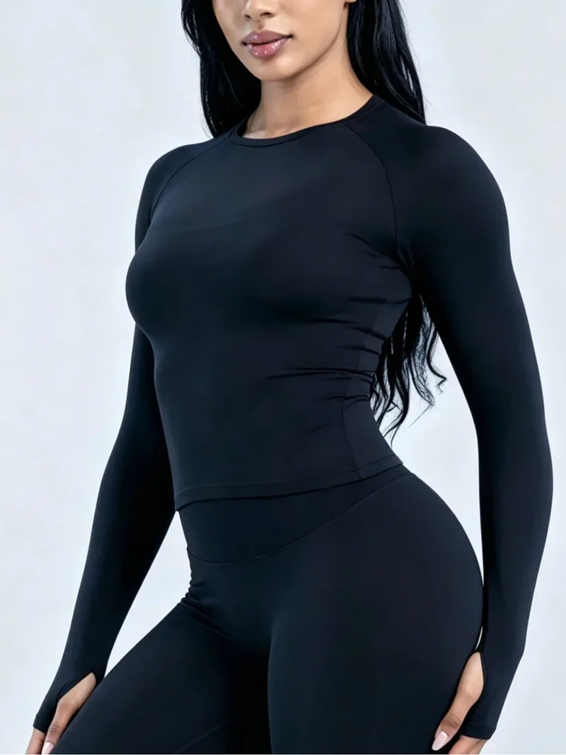 HISTELLO Defy Langarm-Workout-Top für Damen, Nahtloses Gym-Sportshirt mit Daumenlöchern, Slim Fit Sportshirt für Laufen, Yoga und Fitness – Detail 5