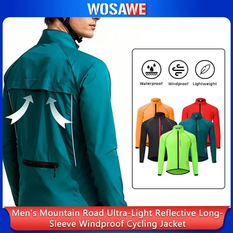 WOSAWE Men's Cycling Windbreaker Ultralight Reflective Windproof Jacket Men MTB Road Bike Wind Coat Long Sleeve Bicycle Clothing
