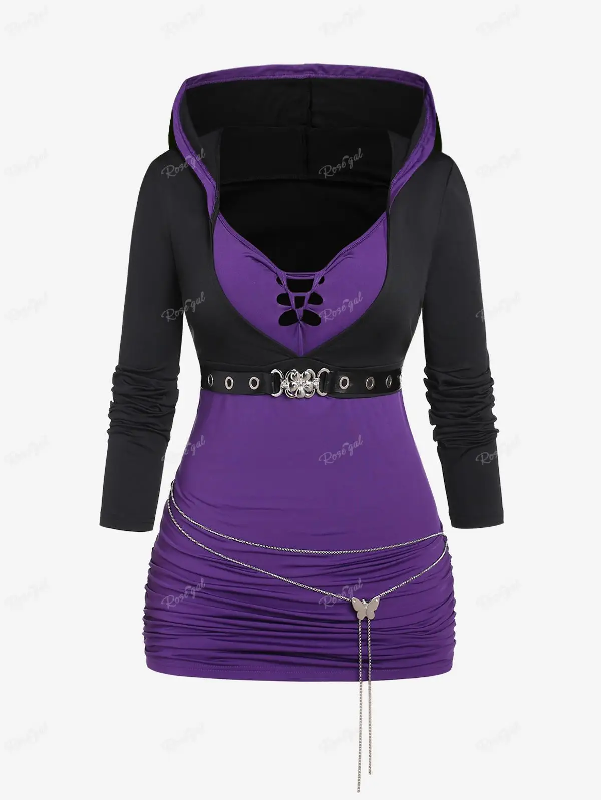 ROSEGAL New Women\'s Plus Size Hoodie T-shirt Purple Ruched Buckle Chain Grommet Hooded Tees Autumn Long Sleeves Tops