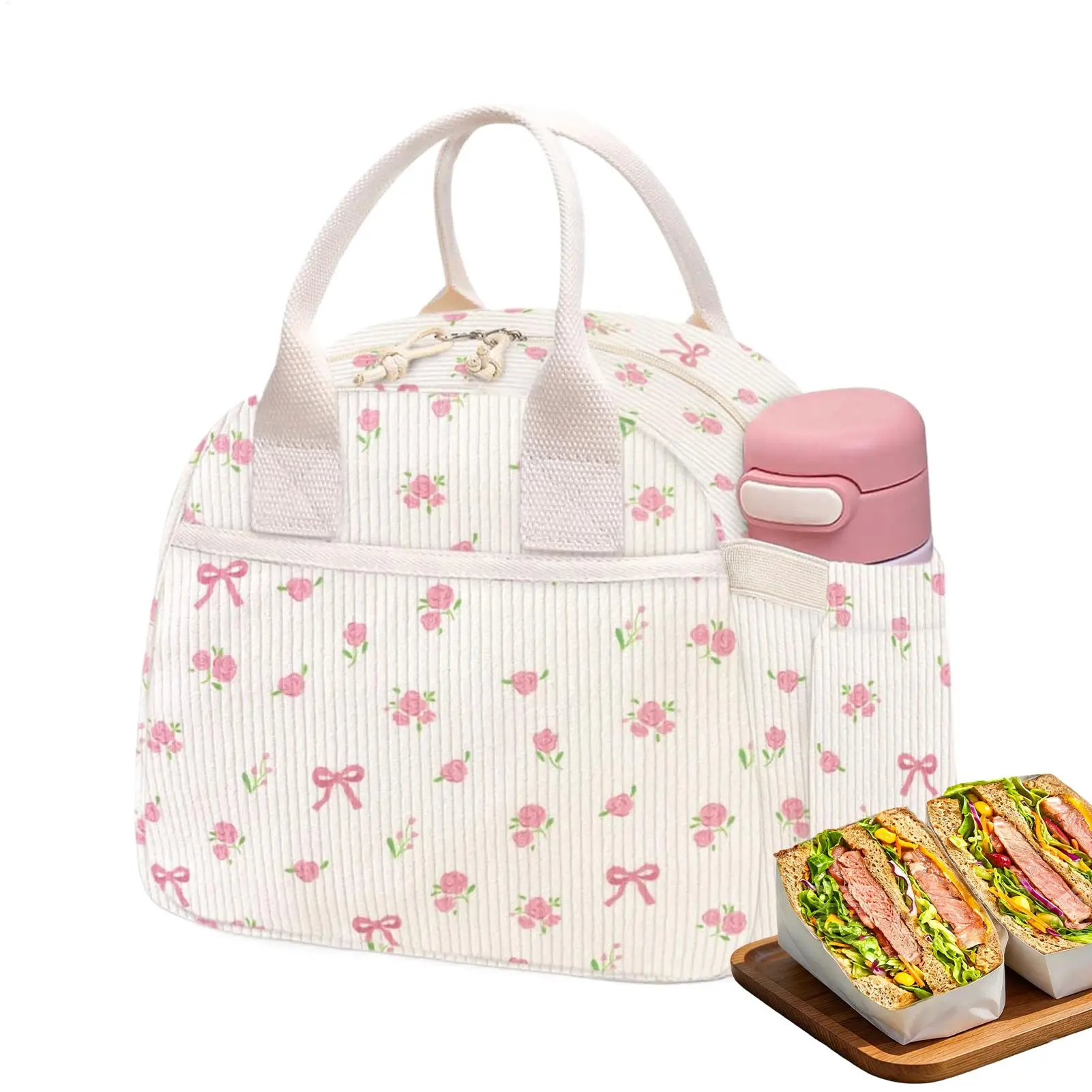 Pink Lunch Box Corduroy Large Capacity Leakproof Reusable Portable Waterproof Insulated Bag For Women Girls Office School