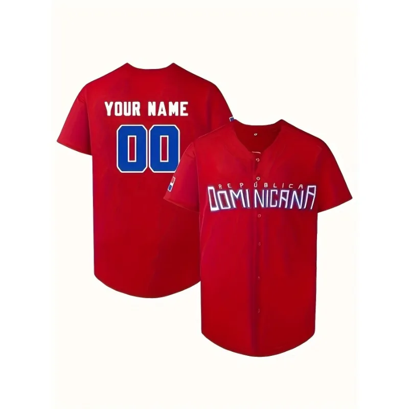 Benutzerdefinierter Name und Nummer Herren-Baseball-Trikot Dominicanr, lässig, kurzärmelig, V-Ausschnitt, bestickte Hemden, bequeme Herrenbekleidung