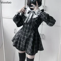 Japanese Gothic Lolita Style Dress Women Y2k Sweet Lace Bow Plaid Shirt Party Dresses Female Vintage Chic Long Sleeve Slim Dress