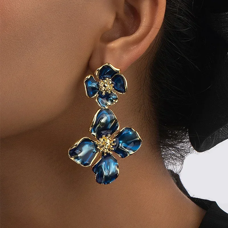 Fashion Double Flowers Girls Screw-back Earrings Gold Plated Enamel Drop Glaze Women Alloy Earring Wedding Party Earwear Jewelry