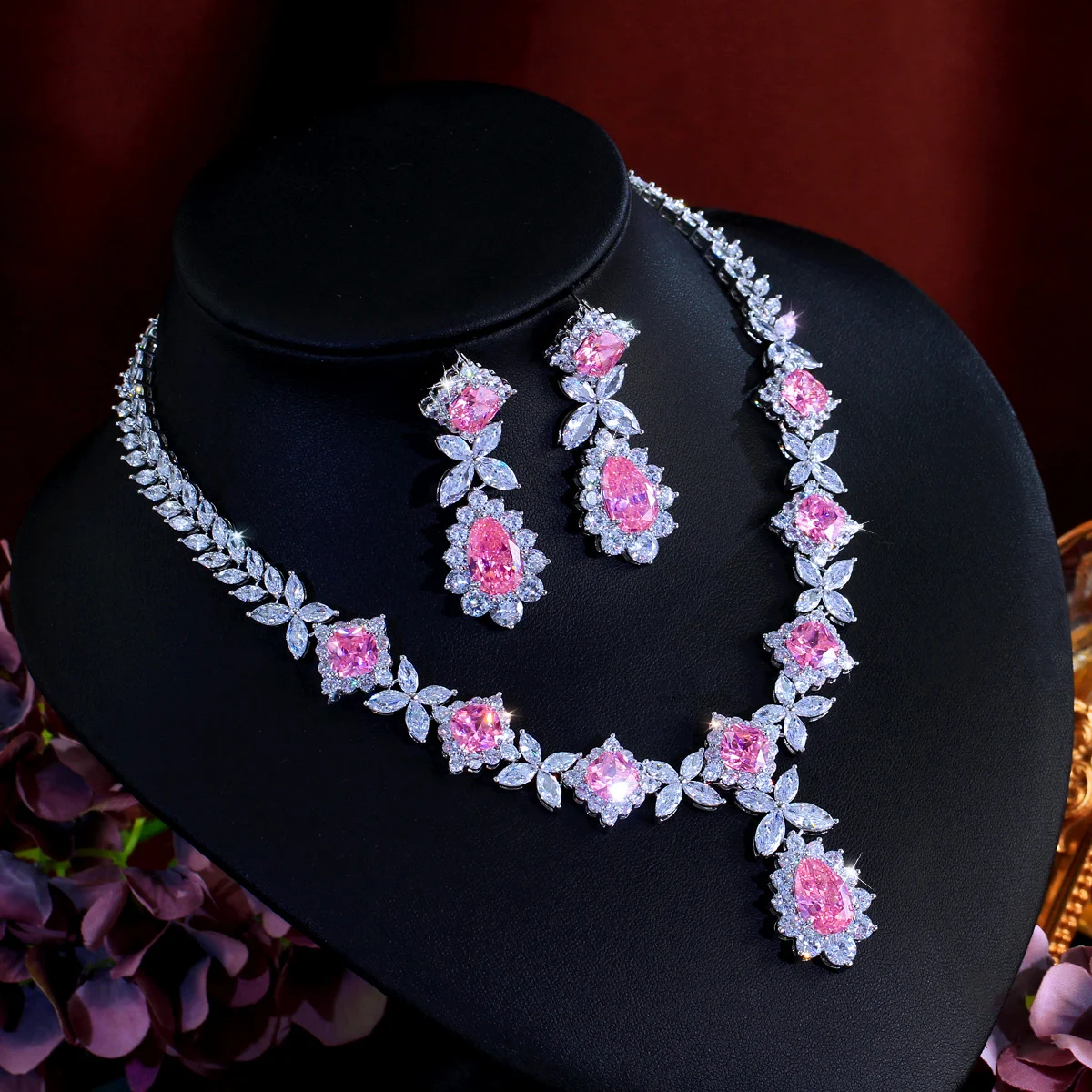 CWWZircons Super Gorgeous Flower Leaf Drop Pink Cubic Zirconia Wedding Bridal Necklace Earring Top Jewelry Sets for Women T0934 view 6