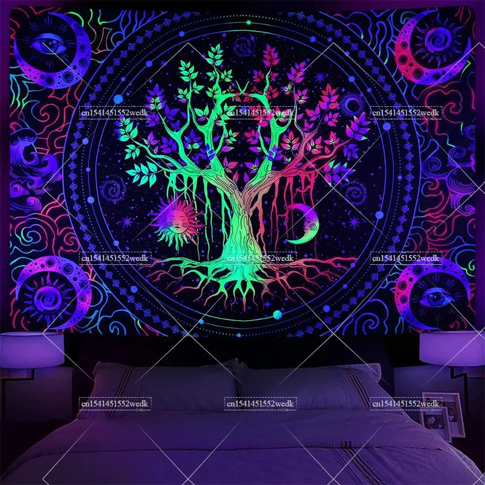 Trippy Tree Of Life Black Light Tapestry UV Reactive Sun And Moon Tarot Tapestries Aesthetic Room Decor Neon Blacklight Tapestry