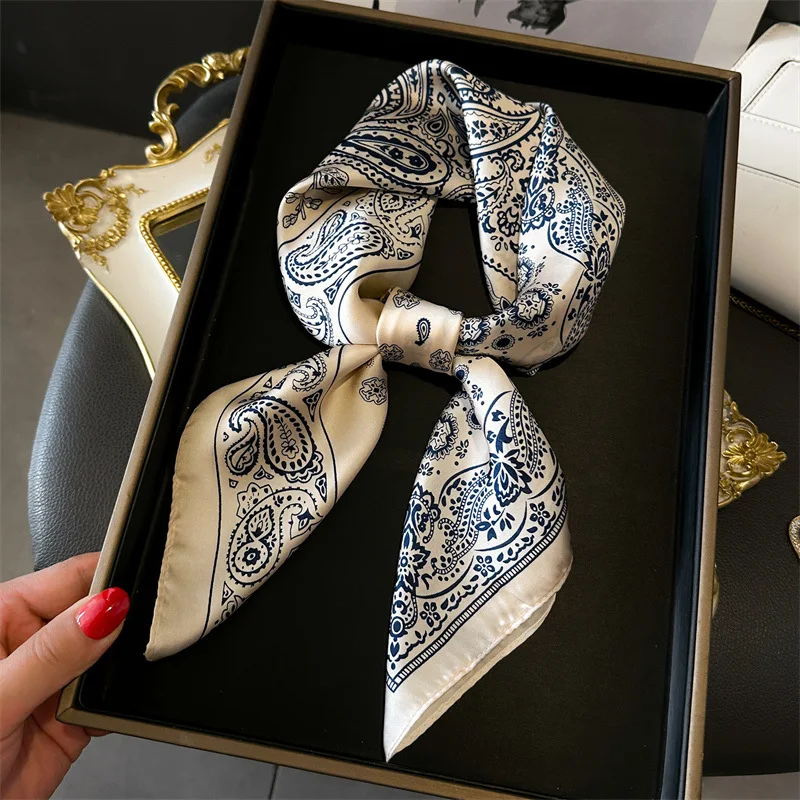 

Women Spring Autmn Decoration Gift Paisley Printed Soft 70cm Fashion Small Handkerchief Gift Imitated Silk Square Scarf