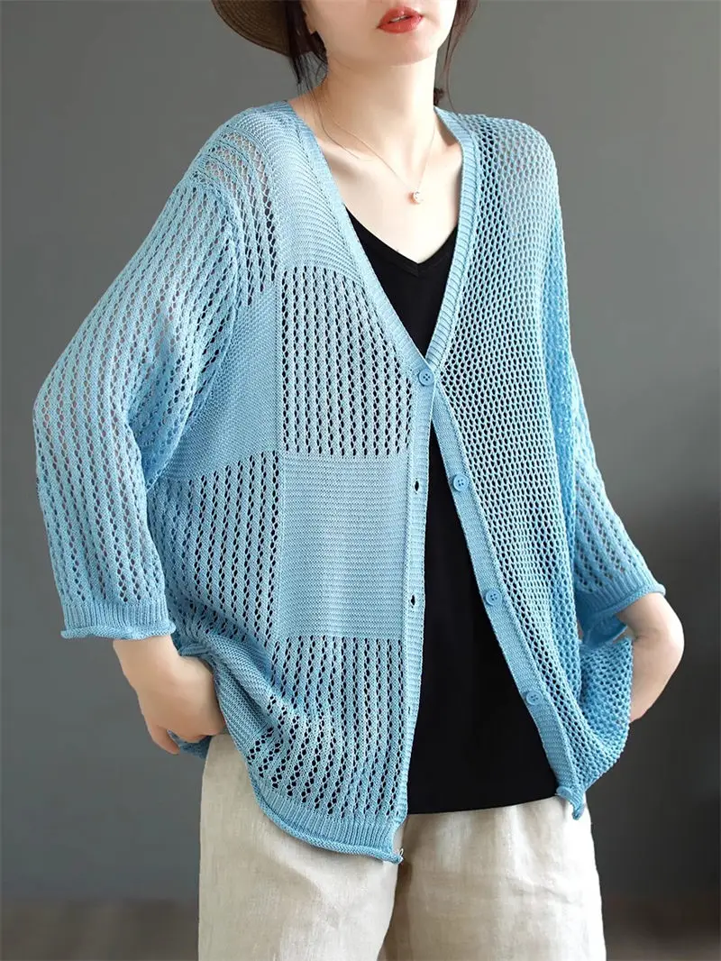 

New Solid V-Neck Knitted Cardigan Women's Hollow Out Casual Versatile Slim Style 3/4 Sleeve Coat Summer Shawl Tops Z1686