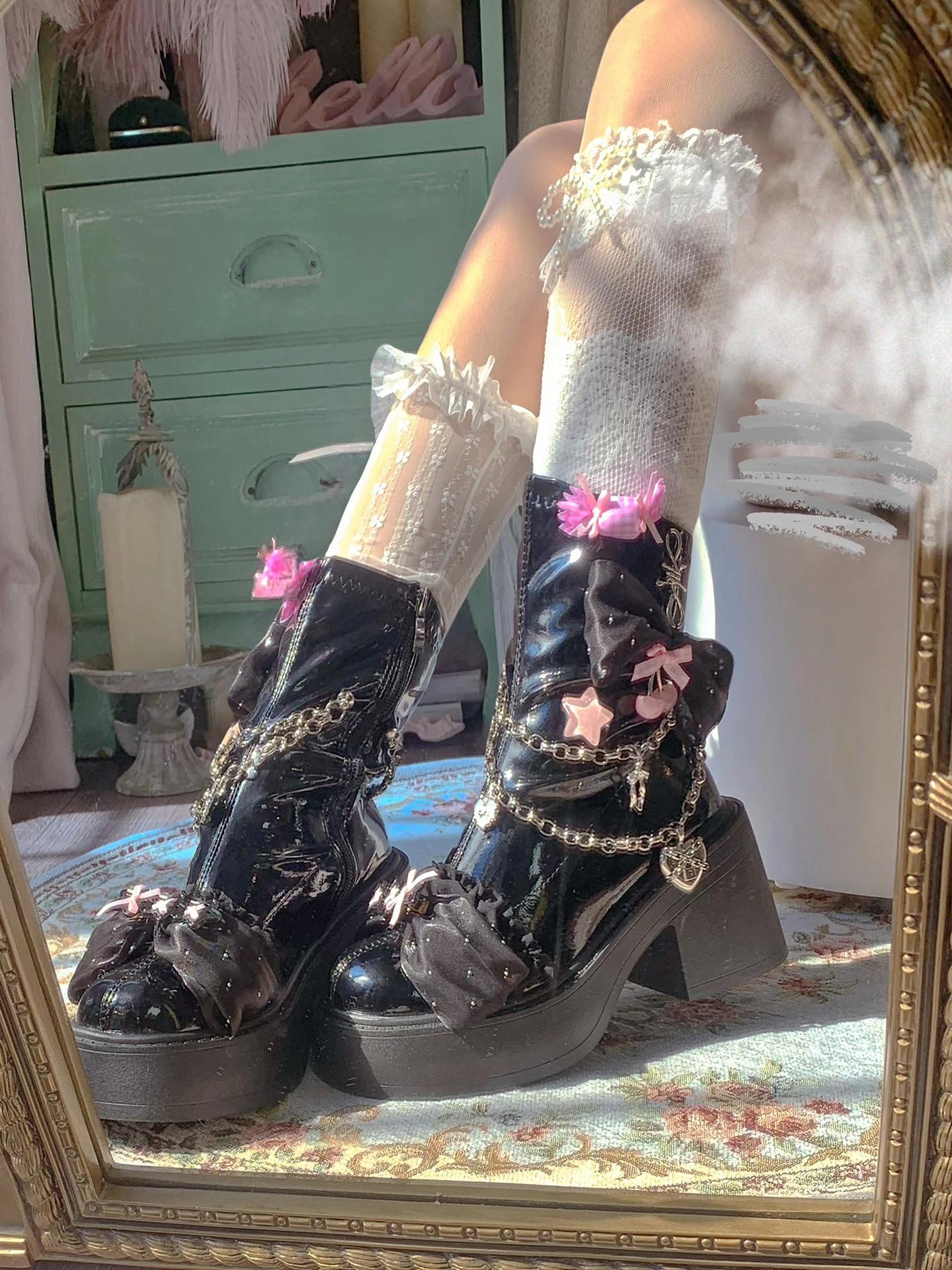 Pinkyo Original Bow Love Chain negro Rosa botas cortas dulce picante moda Color fresco contraste Yk2 botas de tacón alto de fondo grueso
