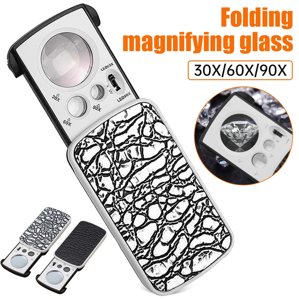 Jewelry Loupe Magnifier With LED UV Light 30X 60X 90X Jewelers Eye Magnifying Glass For Gems Stamps Coins Watches Antiques