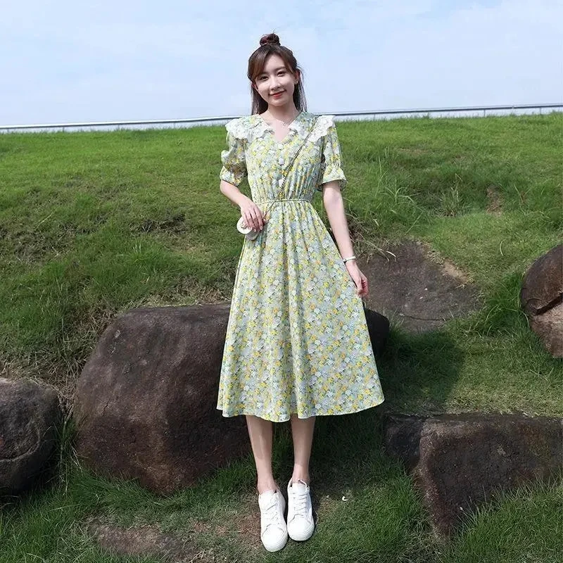 Summer Vintage Floral Dress Women Korean Elegant Sweet Cute Print Midi Dresses doll collar Lace French Holiday Cottagecore Dress