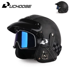 Retro Motorcycle Helmet PU Leather Open Face 3/4 Chopper Bicycle Helmets Classic Casco Moto Vintage Safety Helmet With Goggles