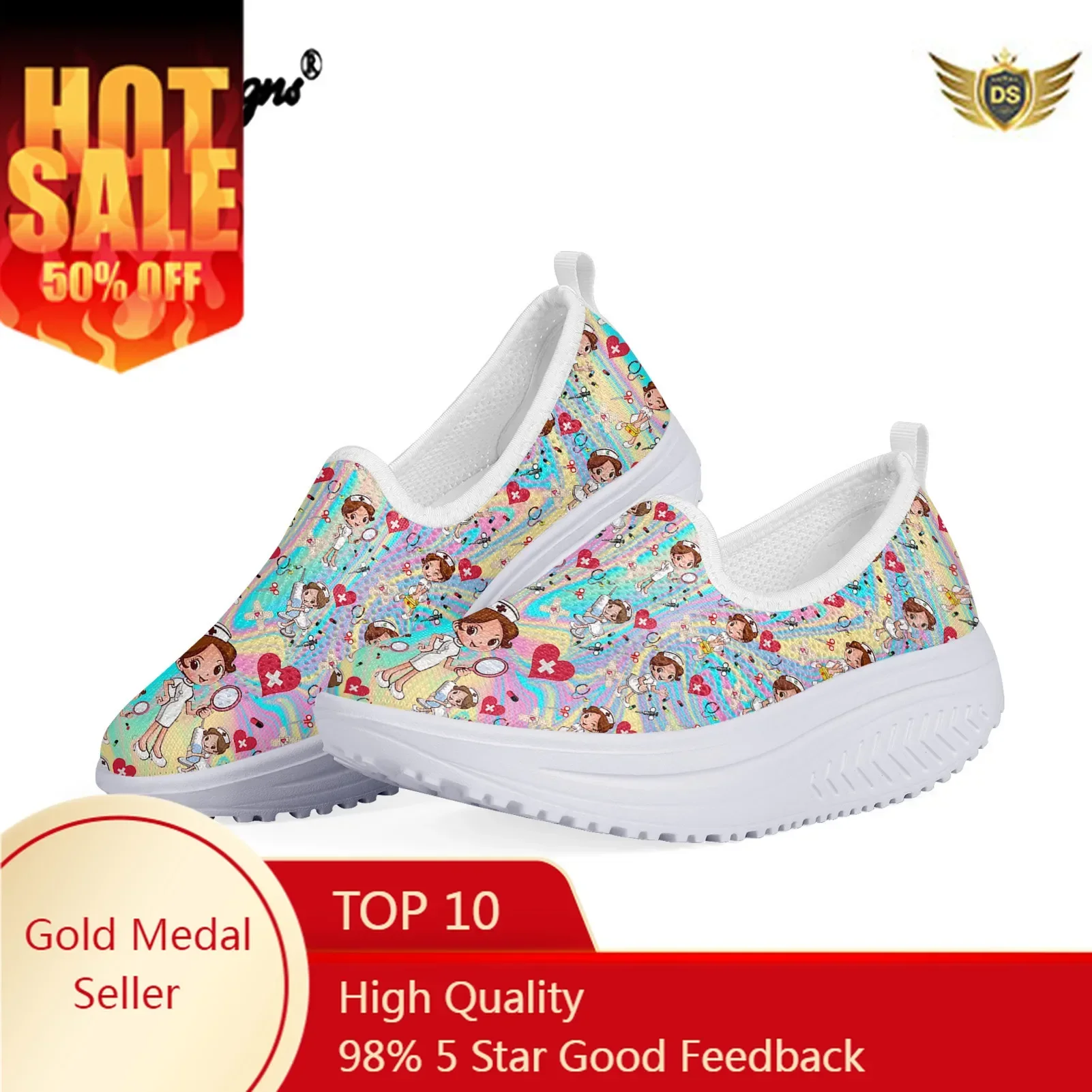 

Women Mesh Flat Nurse Shoe Height Increasing Premium Trippy Background Design Swing Shoes Platform Sneakers 2021