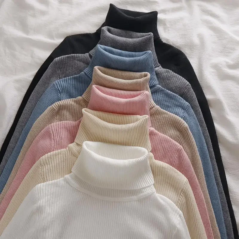 قميص كوري محبوك بياقة عالية وأكمام طويلة، لون نقي، ملابس داخلية متعددة الاستخدامات، ملابس داخلية أنيقة داخلية طويلة، أزياء نسائية #1