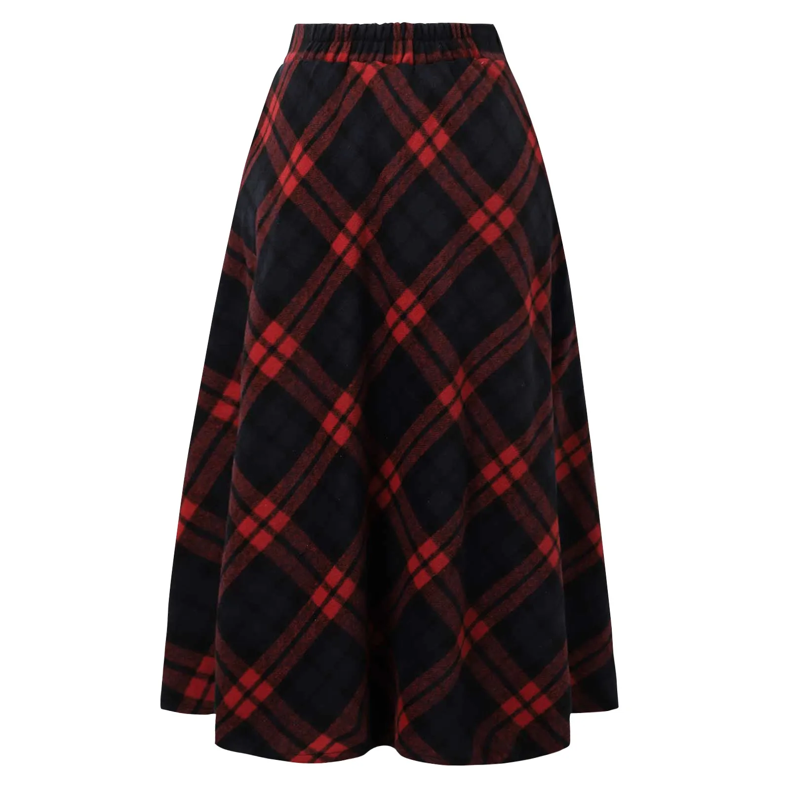 Rok wol wanita kotak-kotak pinggang tinggi elastis A Line rok panjang Tartan berlipat pakaian luar rok elegan wanita musim gugur musim dingin