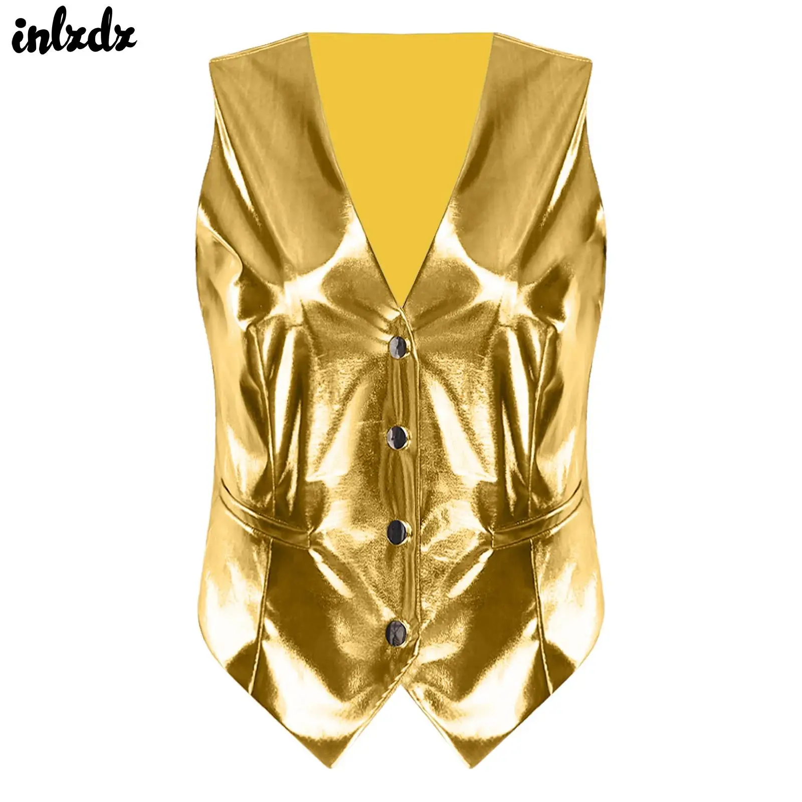 Womens Metallic Shiny Waistcoat Tank Top V Neck Clubwear Rave Top Front Pressing Button Pointed Hem Fully Lined Vest Tops