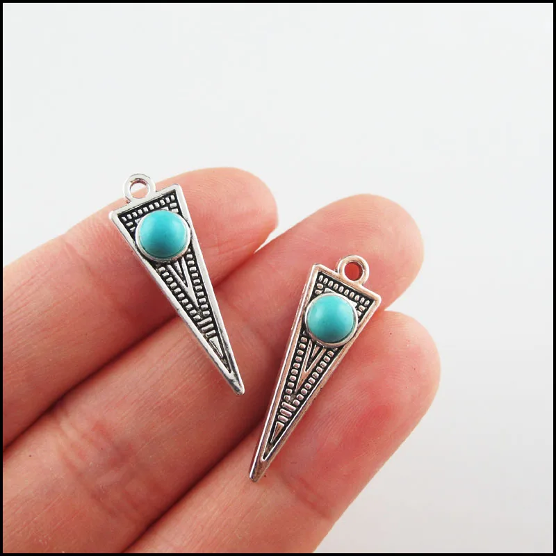 New Turquoise Stone Charms Cat Owl Cross Flower Key Oval Tibetan Silver Plated Pendants Retro