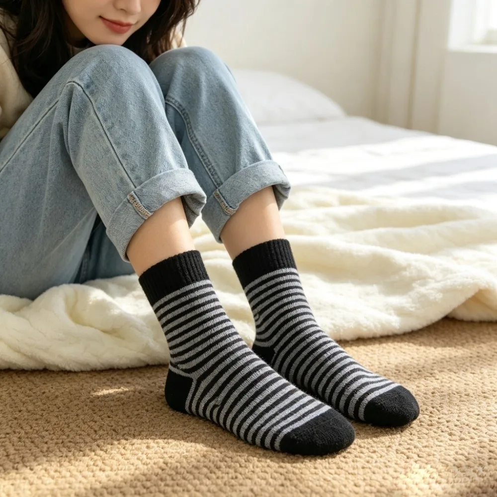 Thermal Fleece Lined Thick Crew Socks Striped Pattern Soft Cozy Texture Winter Warm Socks Maternity Design Cold Weather Ready