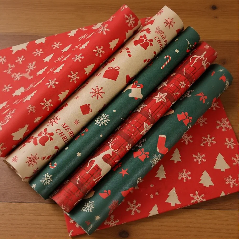 50x74cm Christmas Gift Wrapping Paper Tissue Paper Santa Claus Bell Xmas Tree Pattern Flower Bouquet Packaging Xmas Party Decor