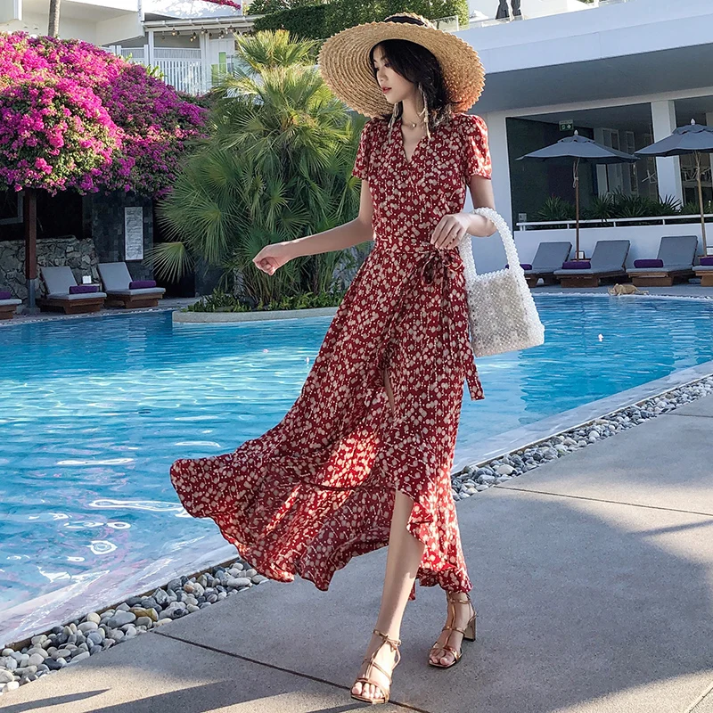 Beachy Floral Print Chiffon One-Piece Dr Women's Summer Vaion Slimming Long Skirt V-Ne High Waist ort Sve Dr