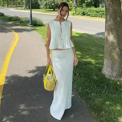 Folded Ruffles Lace Up Top &Skirt Sets For Women Suits Chic Sleeveless  Ruffles Tank Long Skirt 2 Pieces Set New Summer Outfit