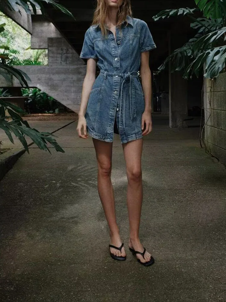 

Spring 2026 New Sweet Temperament Short Sleeve Denim Dress with Belt High Waist Short Skirt Daily Wear Other Material 100%