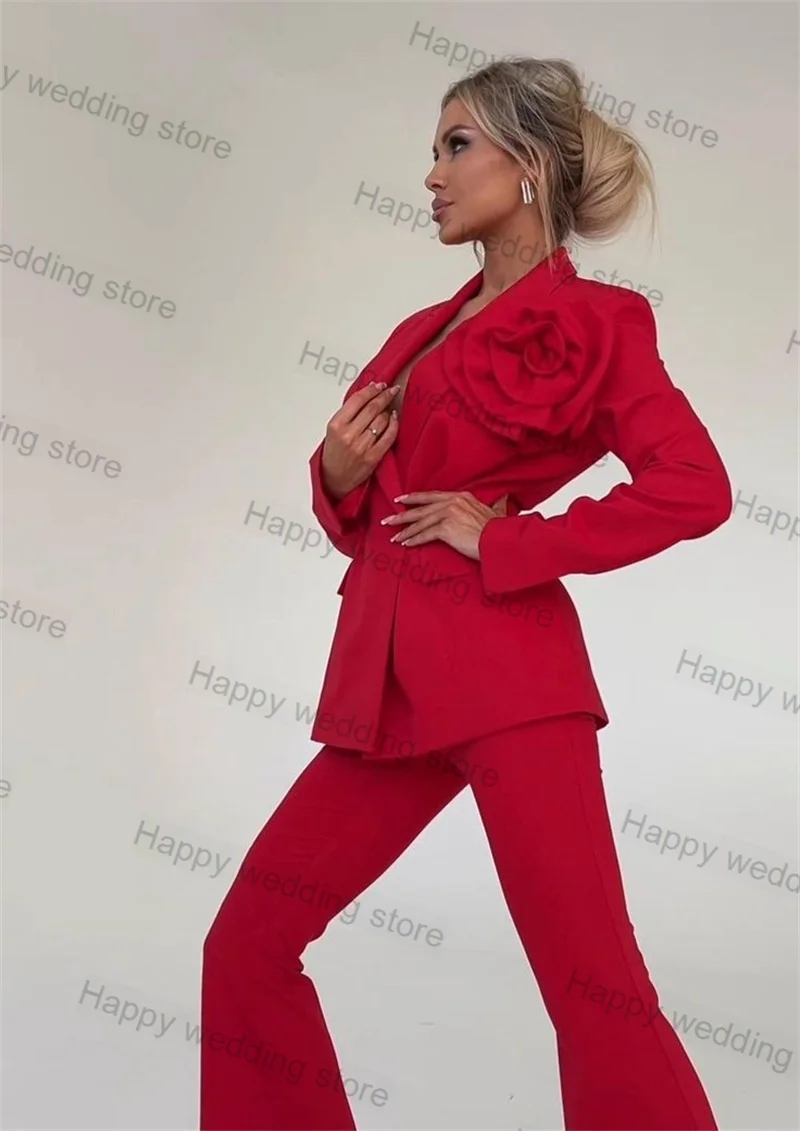 

Red Women Suit Pants Set 2 Piece Blazer+Trousers 3D Flower Formal Business Office Lady Wedding Tuxedo Custom Made Prom Coat