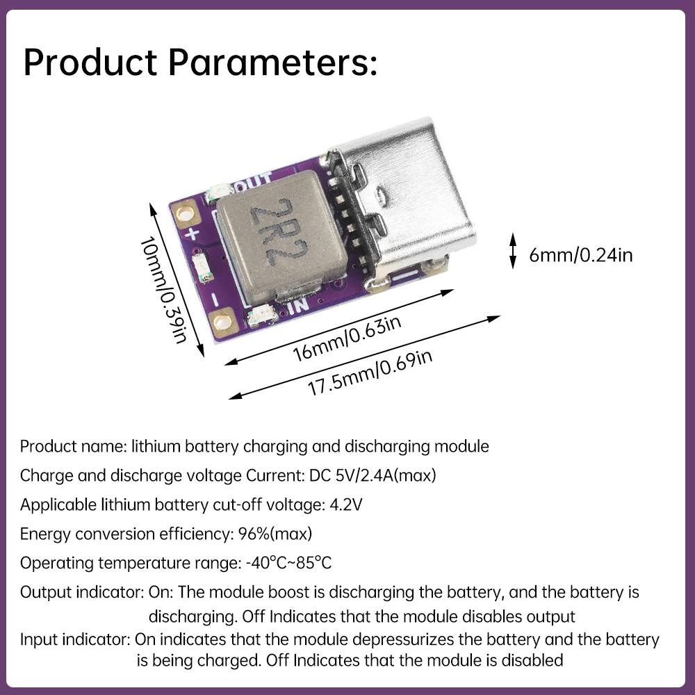 Mini Type-C 5V 2.4A แบตเตอรี่ลิเธียม Charge Discharge โมดูลอัจฉริยะ Boost Buck Conversion พร้อมไฟแสดงสถานะแบตเตอรี่ LED Light