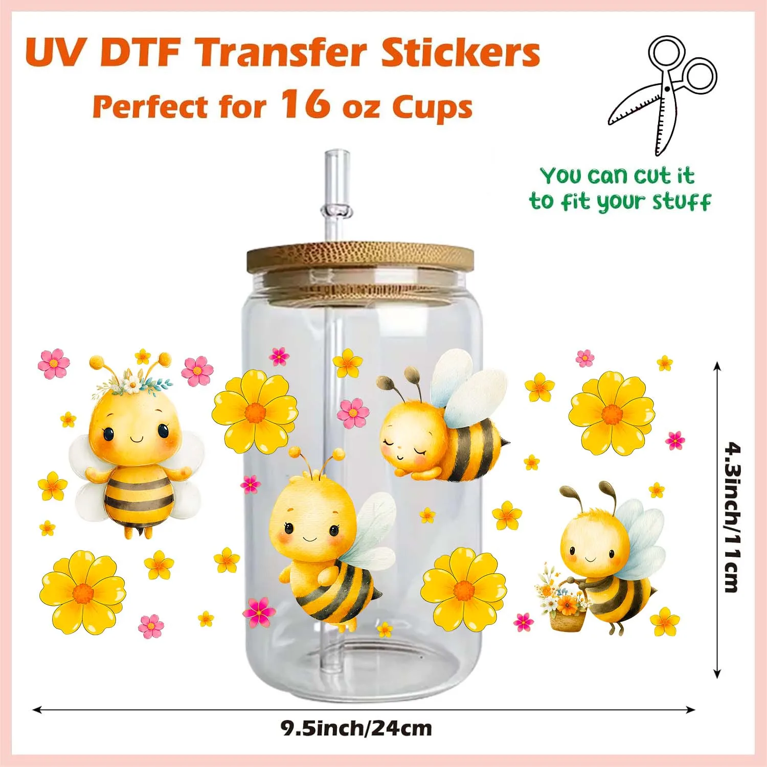 Summer vibe Cute bee 16oz UV DTF Transfer Sticker Party DIY Decals 3D transfers uvdtf tumbler stickers 16oz uv dtf cup wraps
