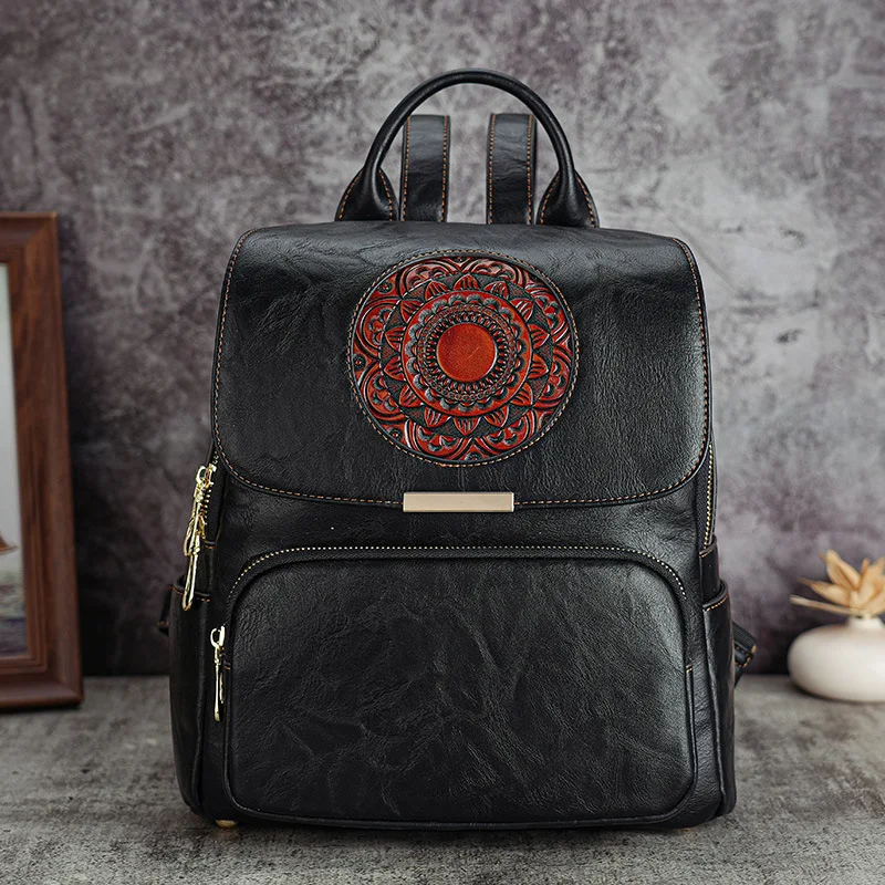 Vintage Women Leather Backpack Chiniese Style Ladies Travel Bagpack Antitheft Floral Double Shoulder Bag