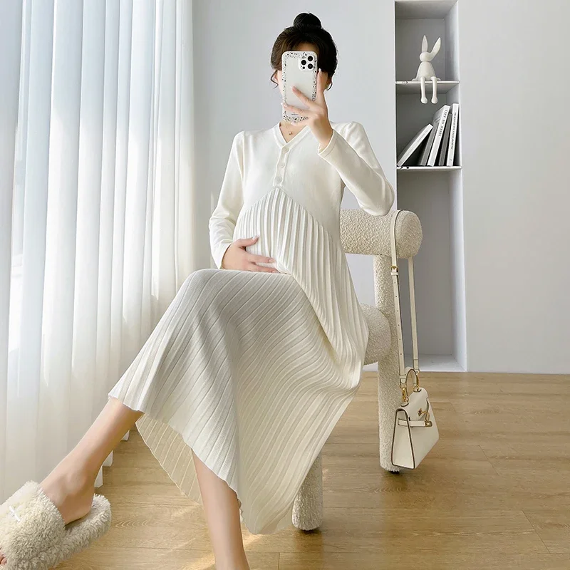 732# Autumn Winter Warm Knitted Maternity Long Dress Elegant A Line Slim Loose Clothes for Pregnant Women Pregnancy Sweaters