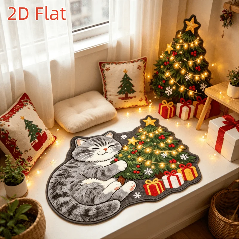 VIKAMA Cute Kitten with Tree Rug Gift Boxes Print Non Slip Washable Absorbent Bedroom Living Room Christmas Holiday Decor