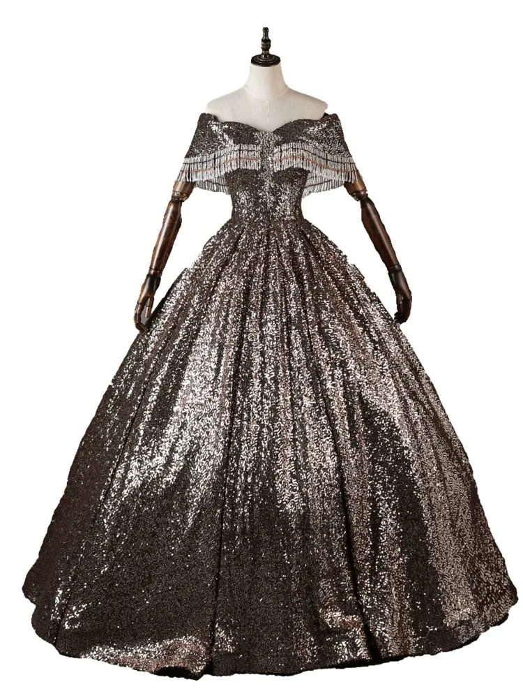 Czarne Złoto Suknie Wieczorowe z Odkrytymi Ramionami Damskie Błyszczące Cekiny Frędzle Sukienka na Imprezę 2026 Nowa Sukienka na Zamówienie na Formalne Okazje