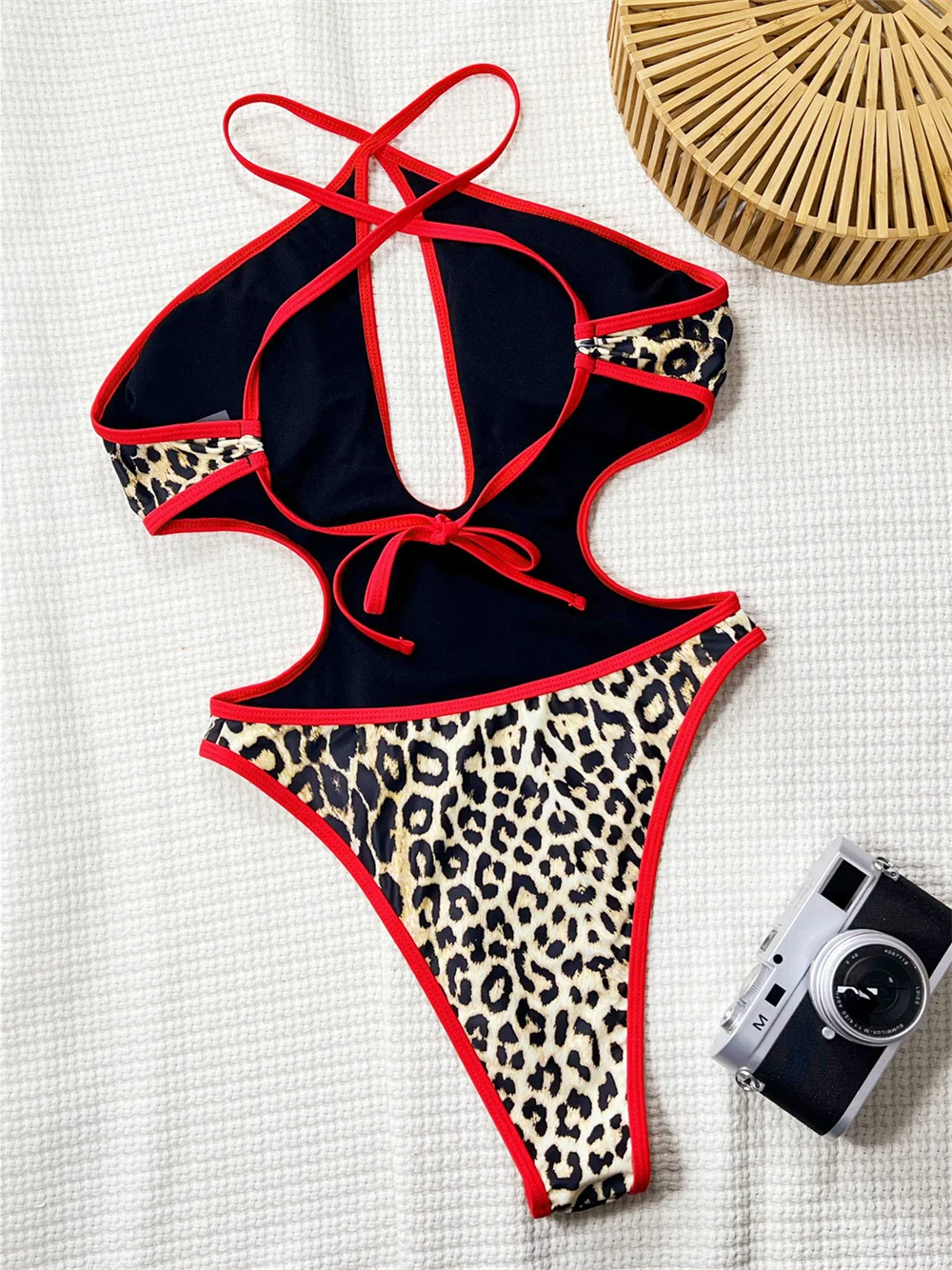 Contrast Color Leopard Bikini Hollow-out Swimwears Backless Lace-up One-piece Swimsuit Women Cross Bandage Beach Outfit Sexy Set