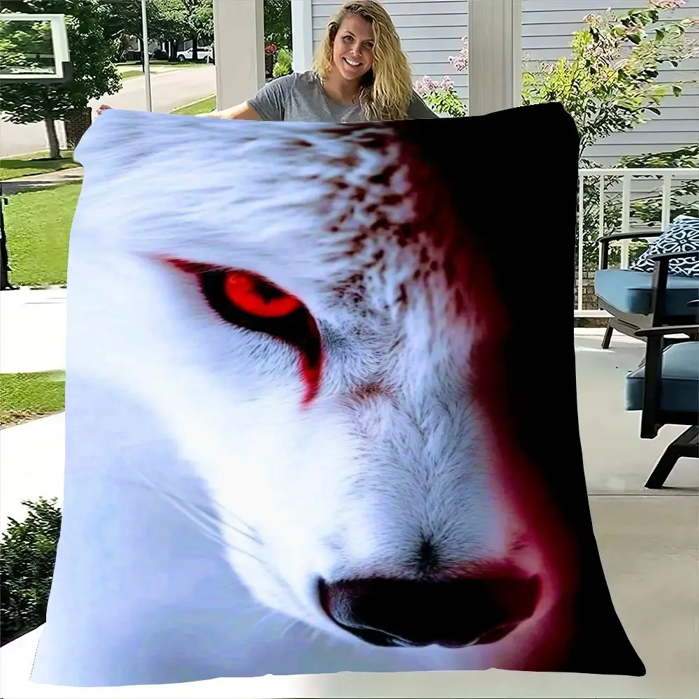 Majestic White Wolf Blanket - Stunning Close-Up Design Featuring Intense Red Eye and Glossy Black Nose - Luxuriously Soft Fleece