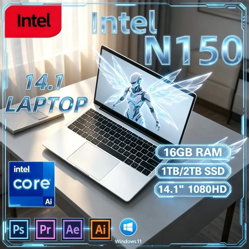 2026 Daily Use Office Study PC 14.1' Intel Core N150 16GB 32GB 2TB Win11 Pro 1920*1080 HD Hot New Laptop