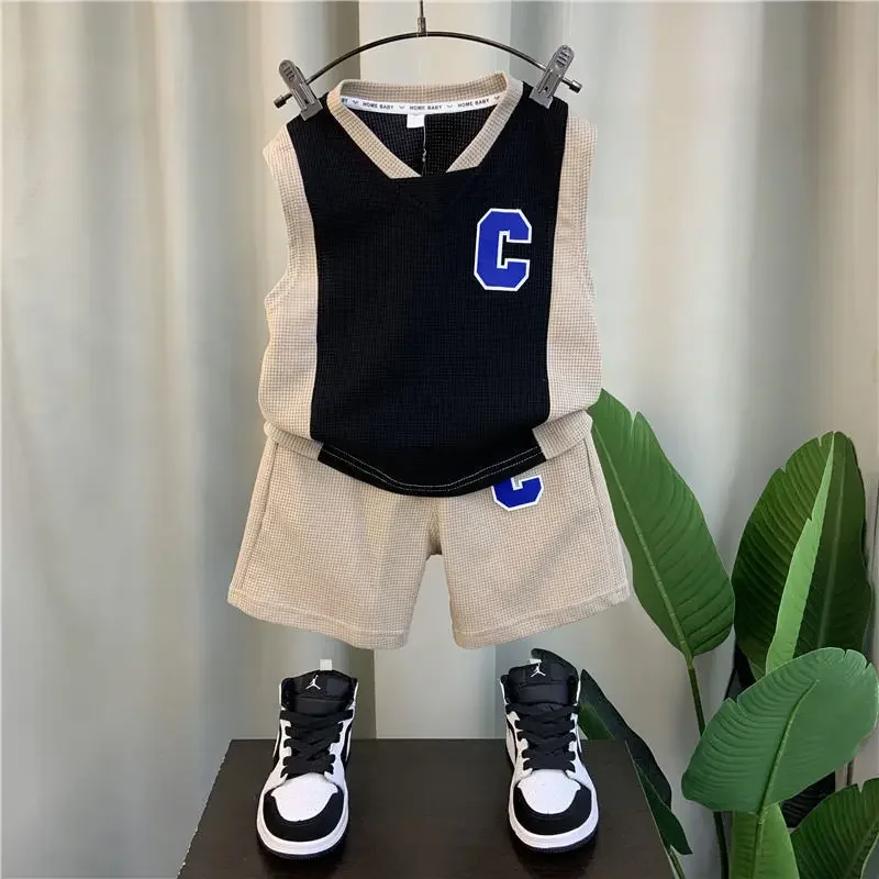 

2024 New Summer Korean Cool Boys Clothing Set Vest & Pullover Children's Set for Boys Baby Clothes Children Breathable Waffle