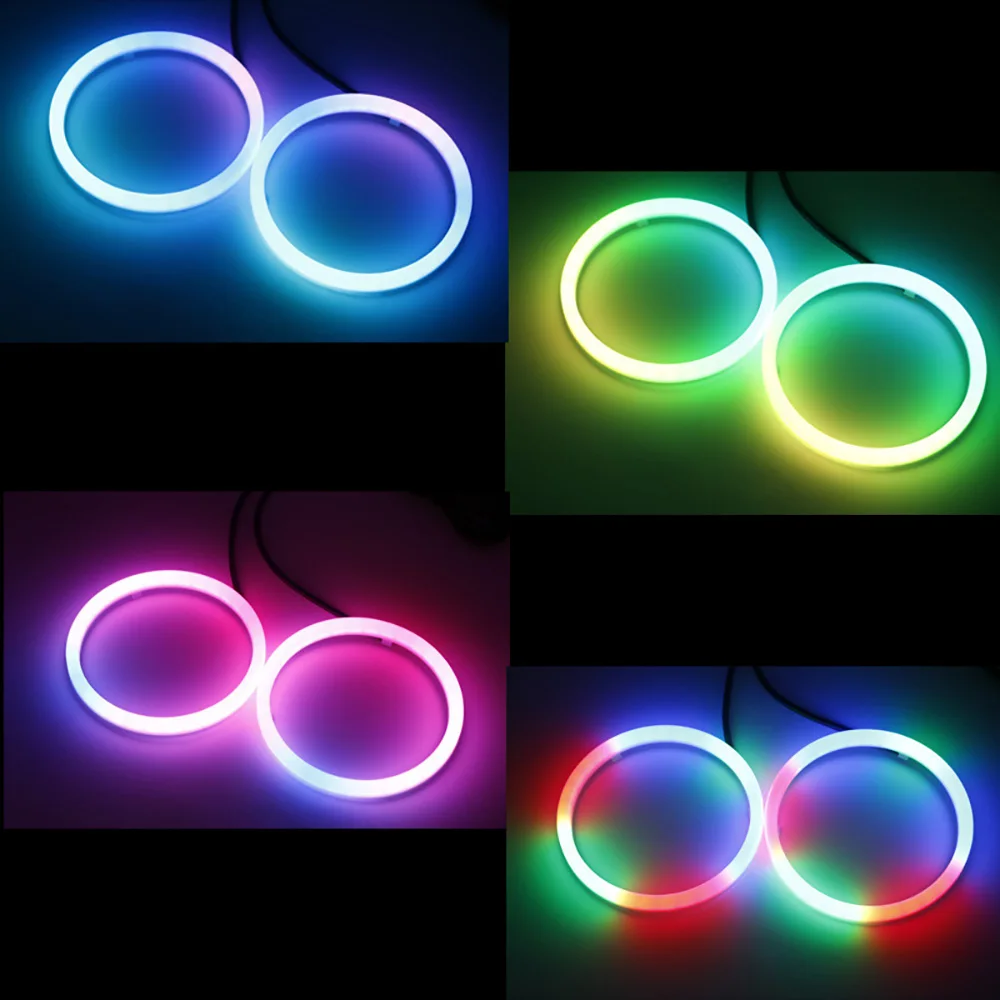 2PCS RGB Angel Eye LED Luci di marcia diurna per fari con controllo APP Multi-colore sincronizzato alla musica per veicoli 60MM-120
