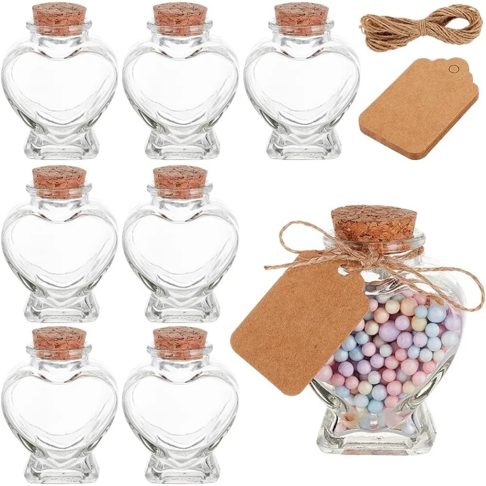 1Bag 8 Pack 60ml Heart Shaped Candy Glass Jars Wedding Favor Jars Wish Drifting Bottle with Cork Lids Label Tags and String