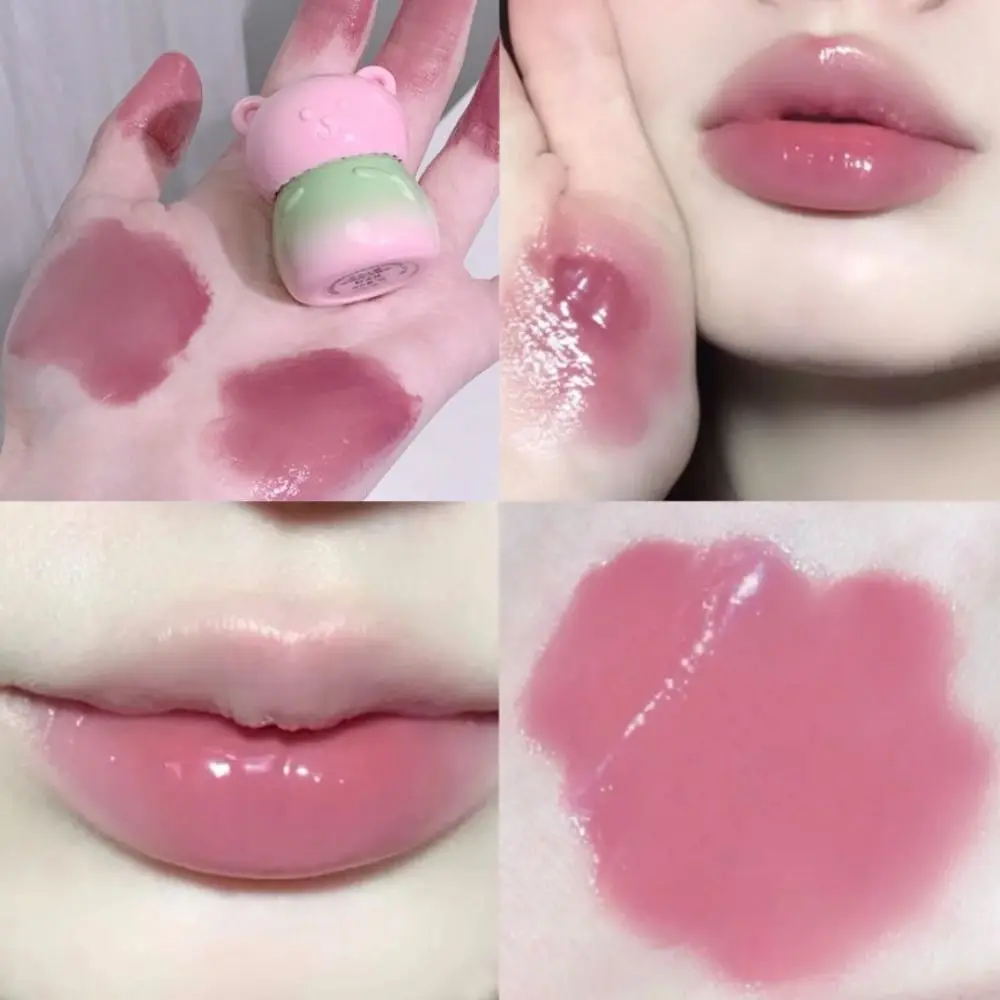 Esmalte de labios de oso rechoncho impermeable, 4 colores, hidratante, enlatado, brillo de labios de espejo, lindo lápiz labial de luz de agua rosa púrpura